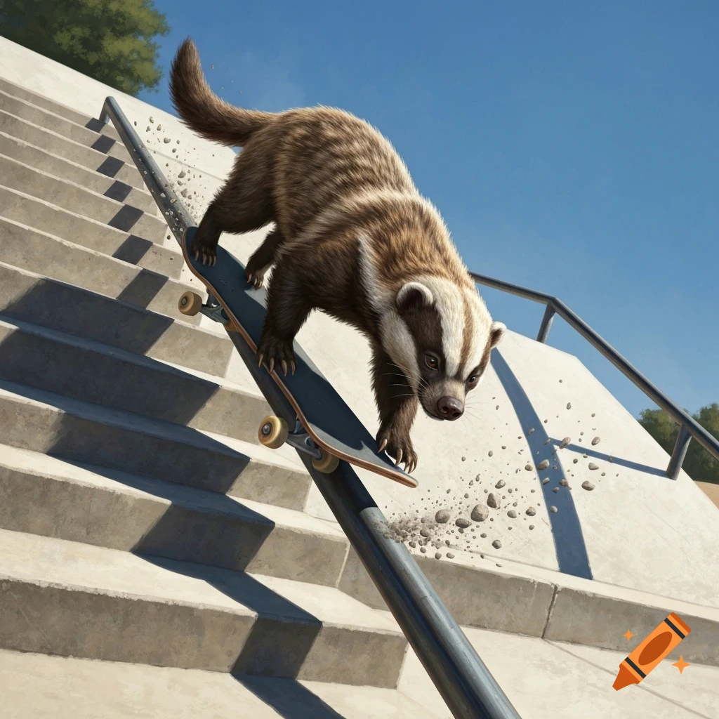 A photorealistic honey badger grinds down a stair railing on a skateboard at a skatepark under a blue sky.