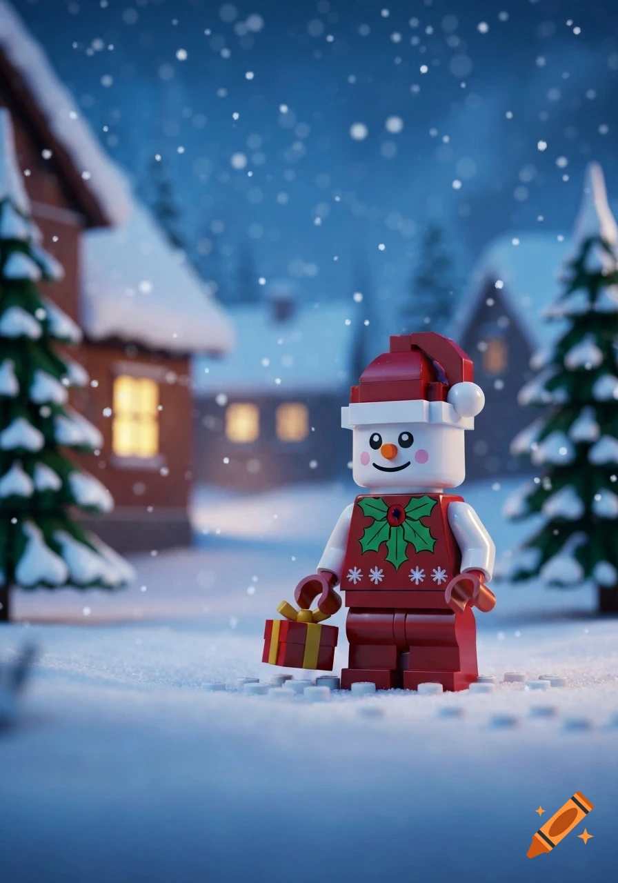 A Lego minifigure wearing a Santa hat and Christmas sweater holds a gift in a snowy village.