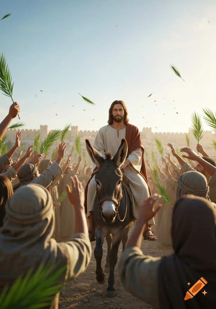Photorealistic depiction of Jesus Christ riding a donkey into Jerusalem, surrounded by a jubilant crowd waving palm branches.