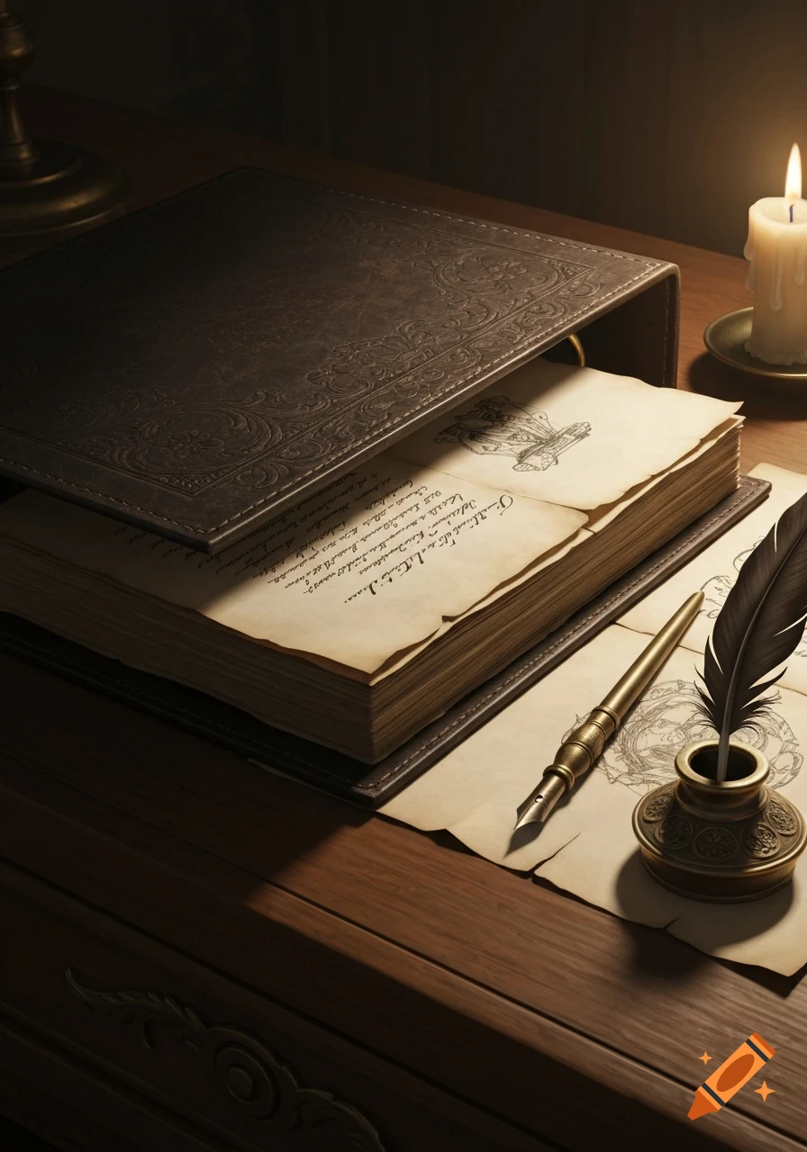 A dimly lit desk with an open leather binder, old papers with handwritten text, a quill, an inkwell, and a lit candle, in a photorealistic style.