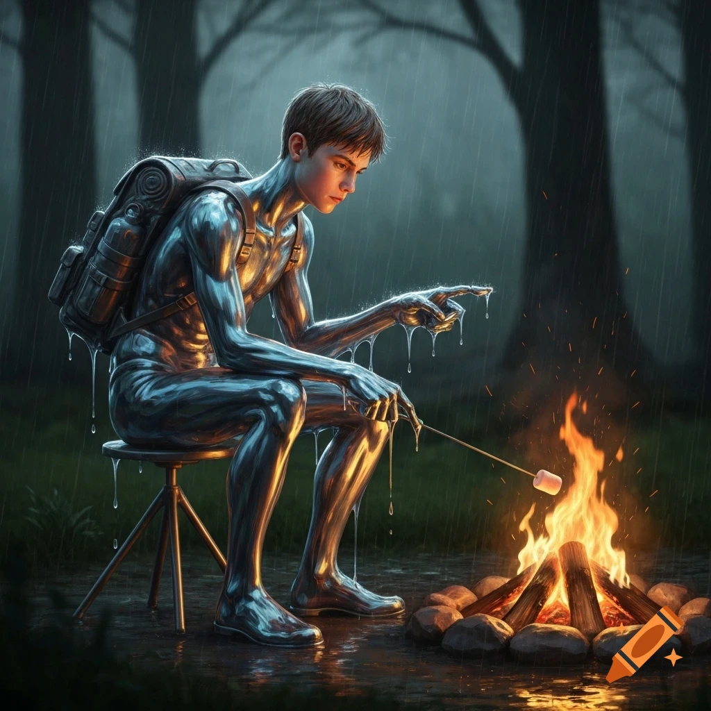 A boy in a seamless liquid metal suit sits on a stool in a rainy forest, roasting a marshmallow over a campfire with his extended liquid finger.