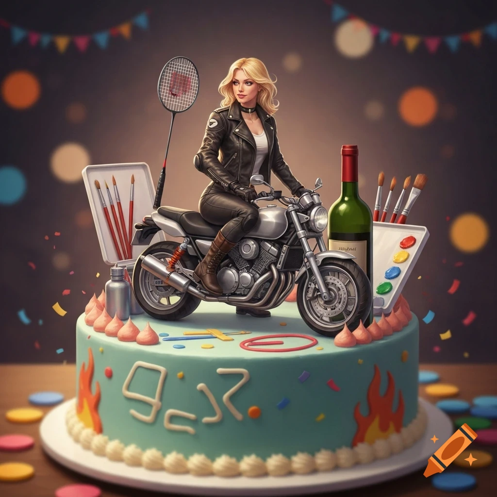 A blonde woman in a leather jacket and pants rides a motorcycle on a teal birthday cake decorated with painting supplies, a badminton racket, and a wine bottle.