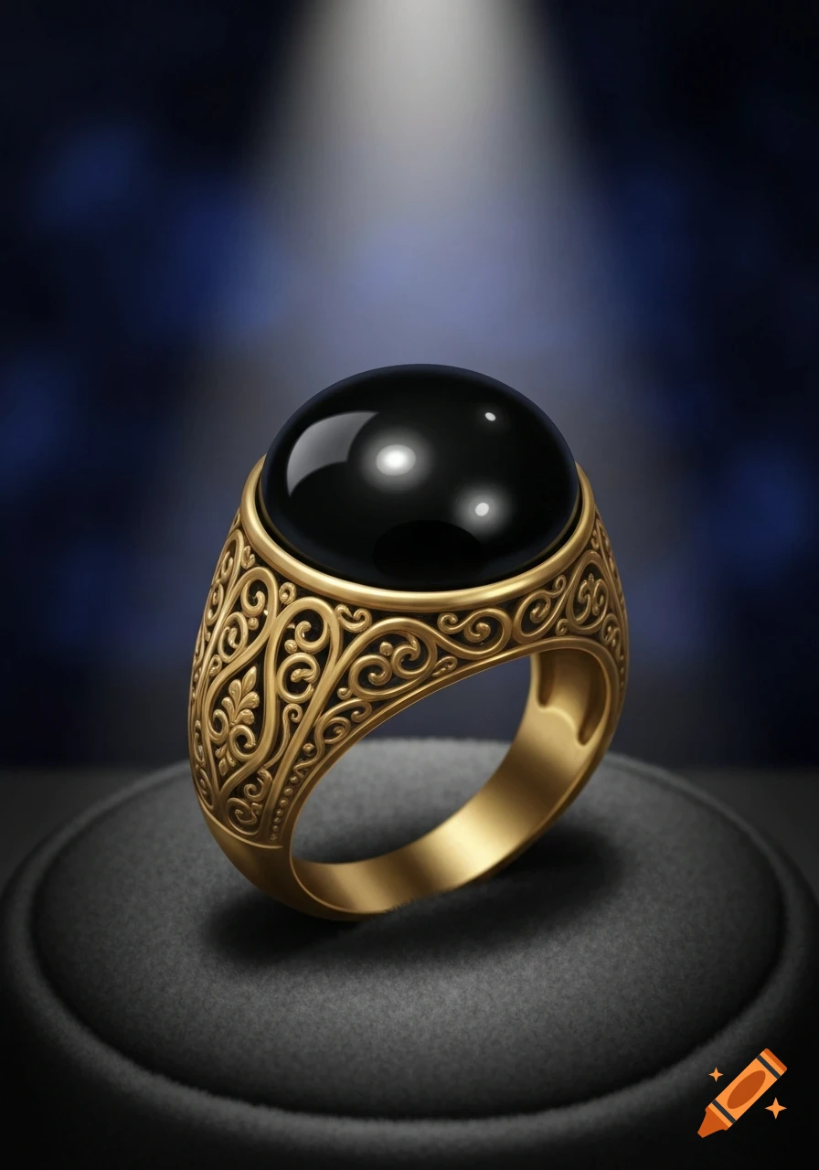 Ornate gold ring with a large black obsidian gemstone on a dark stand, spotlighted.