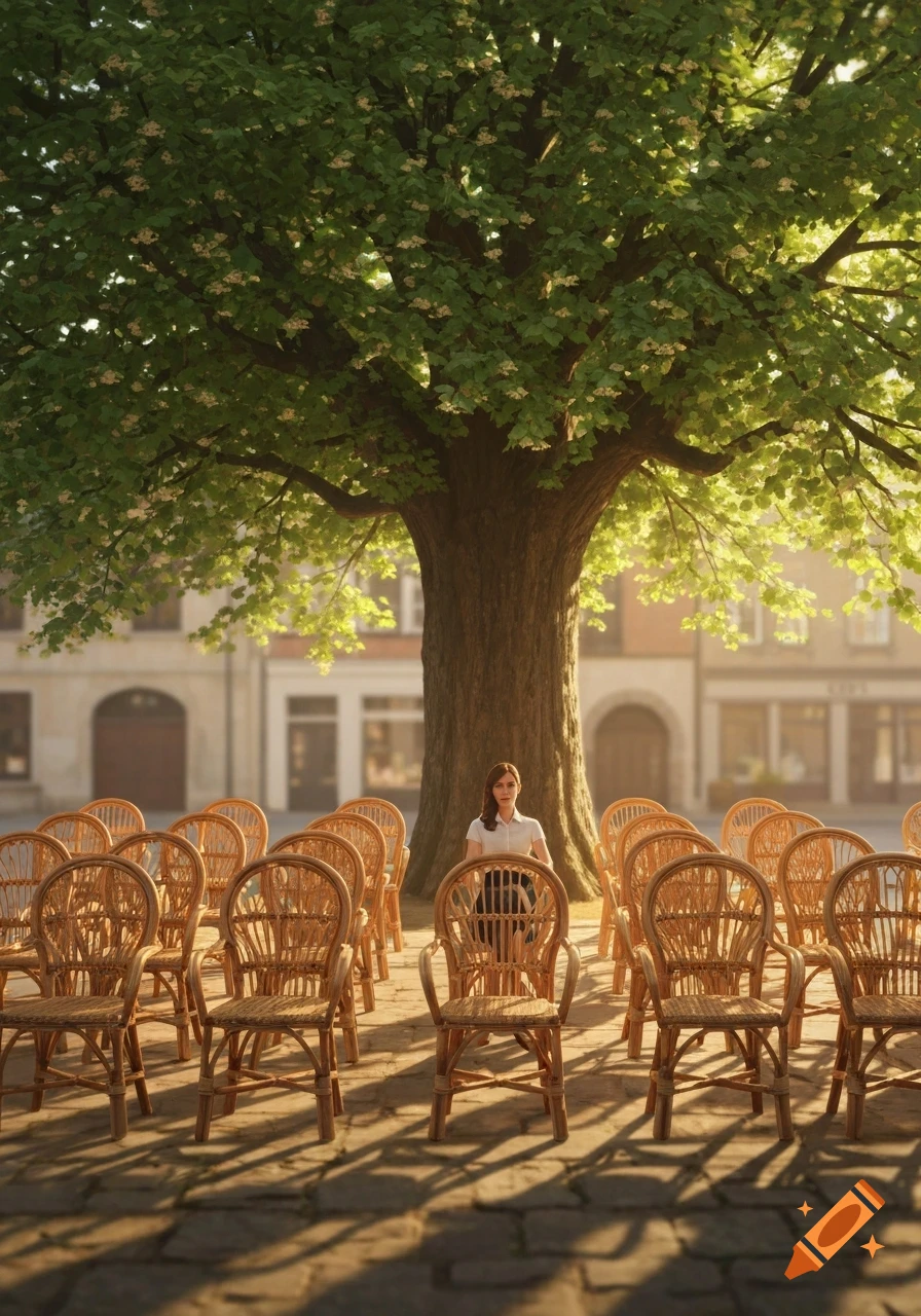 A woman sits on a rattan chair under a large tree, surrounded by rows of empty chairs in a sunny town square with buildings in the background.