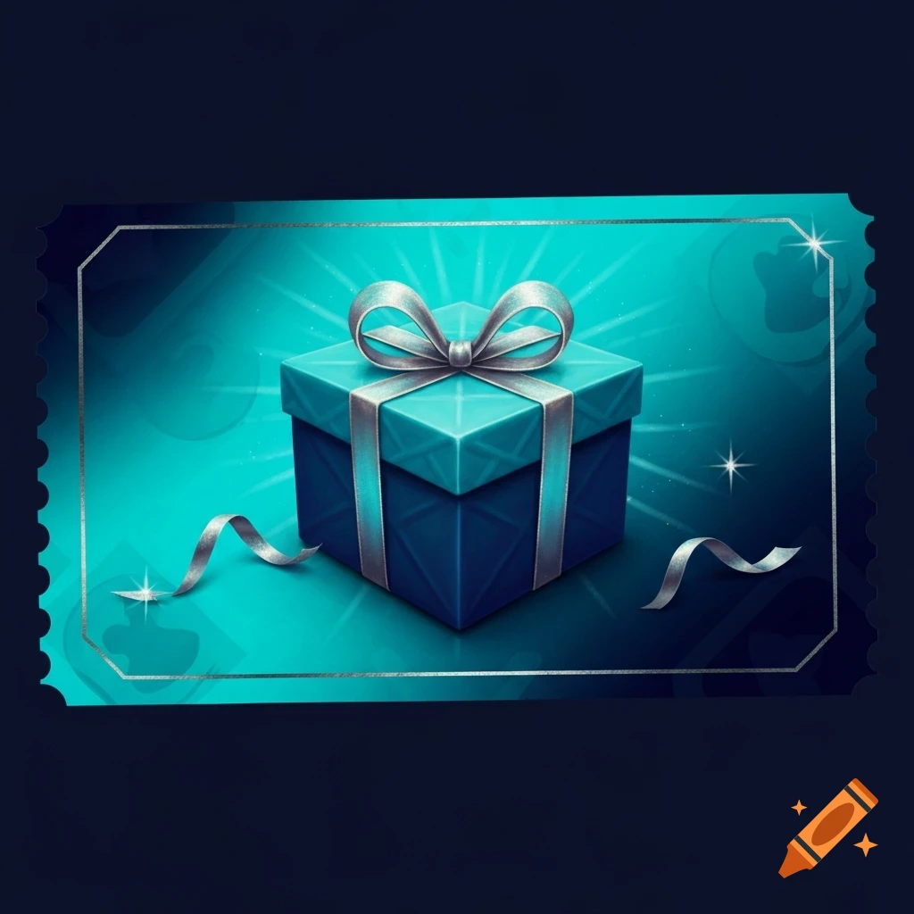 An illustrated dark blue and turquoise gift box with a silver ribbon and bow on a vibrant turquoise ticket-like background with silver borders.