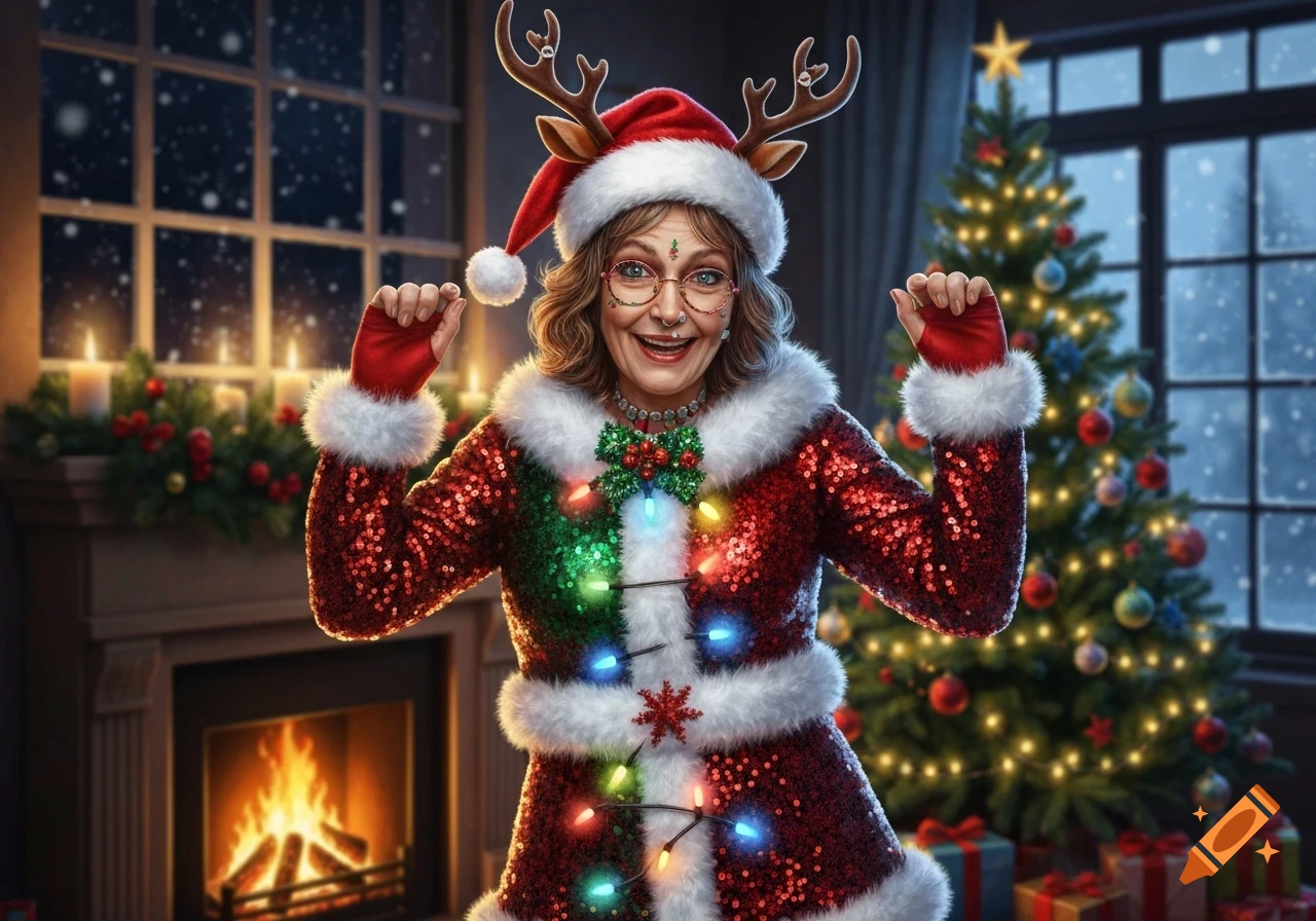 A smiling middle-aged woman in a sparkly red and green Christmas coat with lights and reindeer antlers, in a festive room.