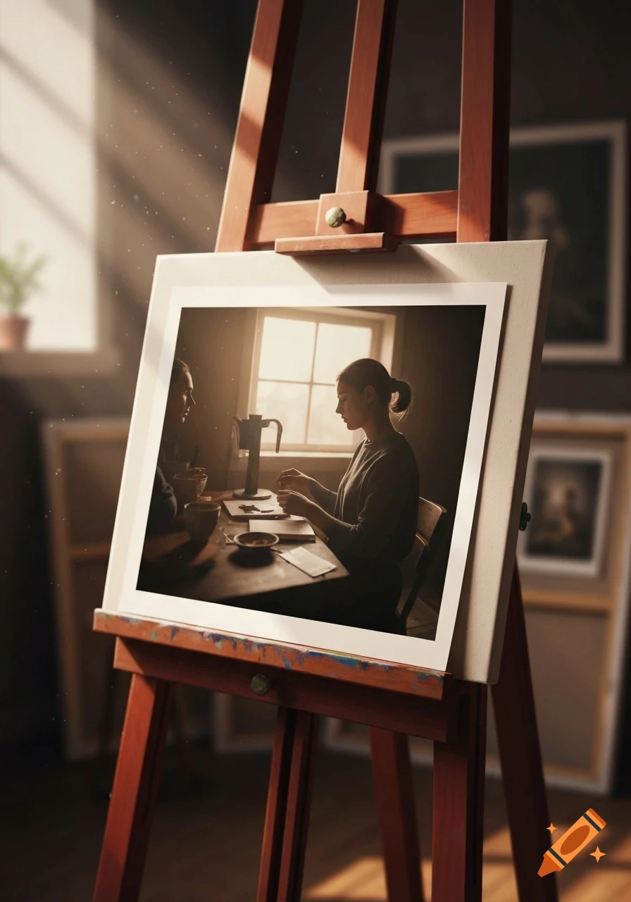 A framed image on a wooden easel shows two women at a table in a sunlit room, surrounded by a blurred art studio setting.