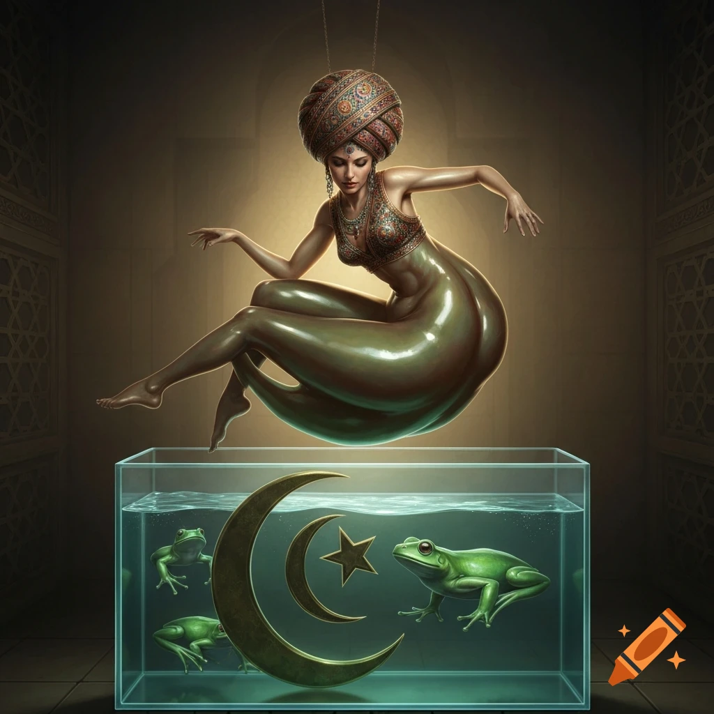 Fantasy art of a woman in a turban, her lower body a green rubbery mass, floating over a tank with a golden crescent and star and frogs.