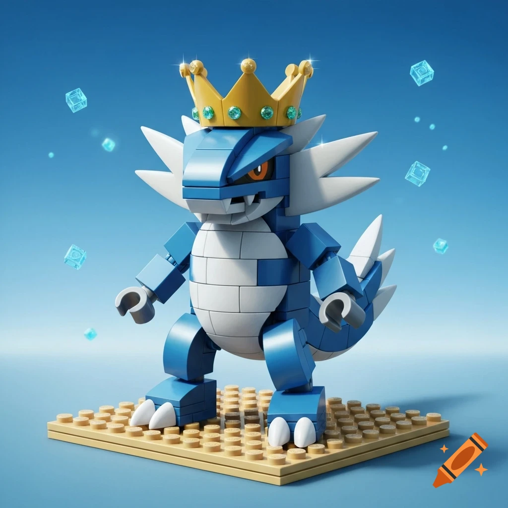 A blue and white Lego creature, possibly a Pokemon, with a gold crown stands on a tan baseplate against a blue background.