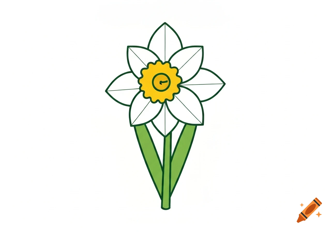 A simple vector art illustration of a daffodil with white petals, a yellow center, and green stems, on a white background.