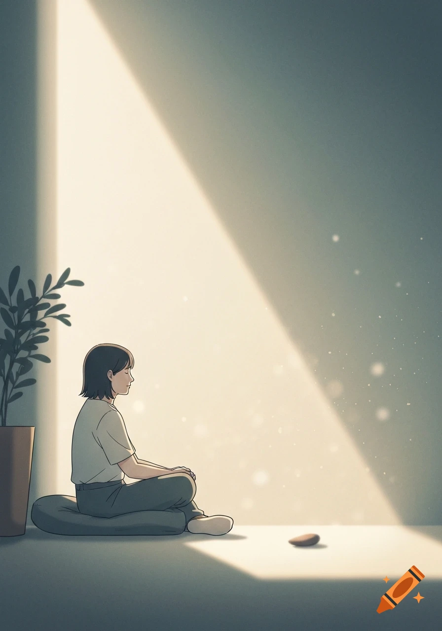 A minimalist illustration of a person meditating on a cushion in a sunlit room with a plant.