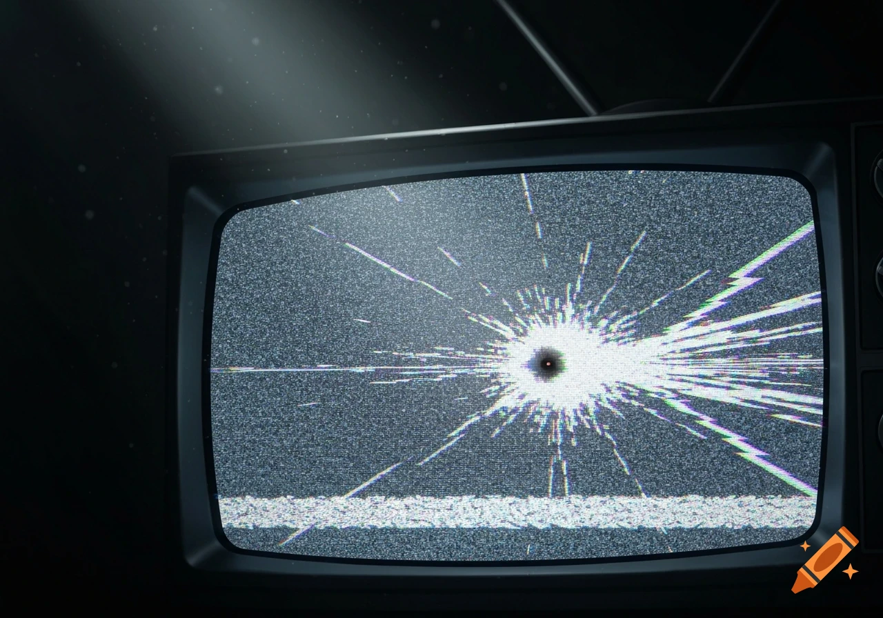 A vintage television screen shows static with a centralized shattered impact and light rays against a dark background.