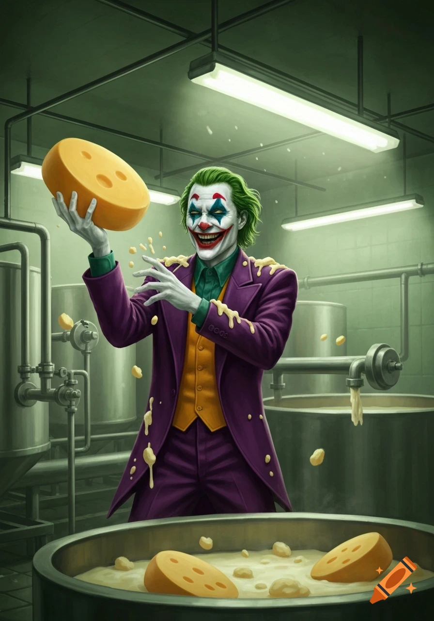 The Joker, covered in dripping melted cheese, grins while holding a large cheese wheel in a dimly lit factory.