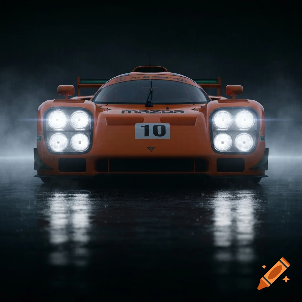 An orange Mazda race car with headlights on, viewed from the front, on a wet surface in a dark, misty environment.