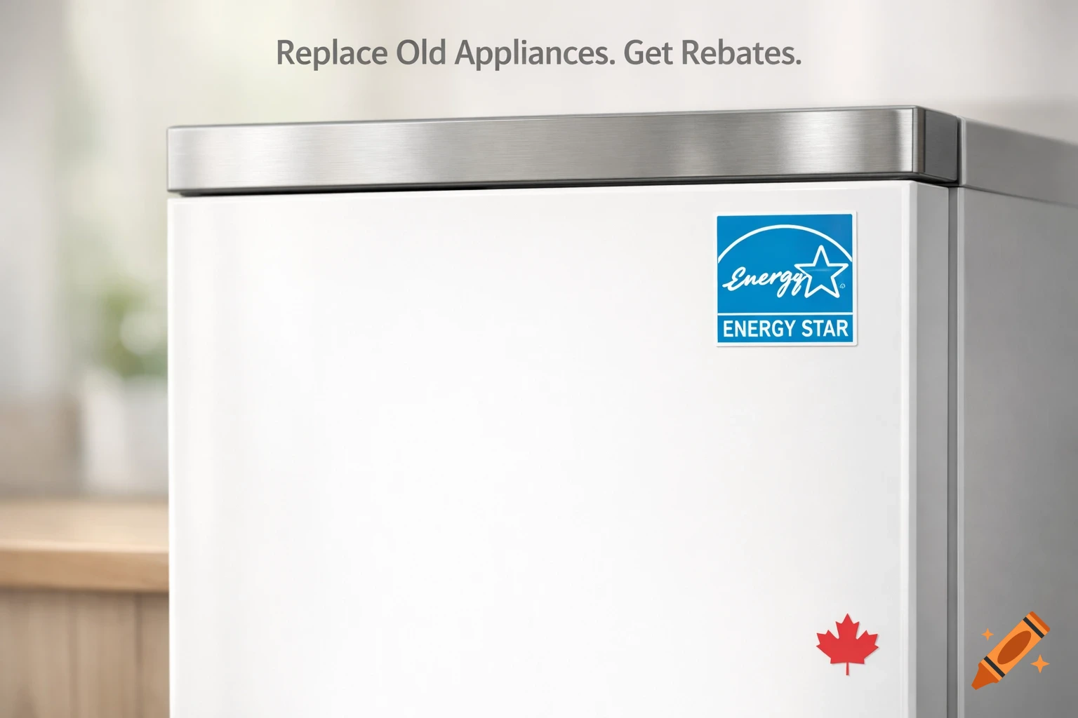 A white appliance with an Energy Star label, a red maple leaf, and the text 'Replace Old Appliances. Get Rebates.'