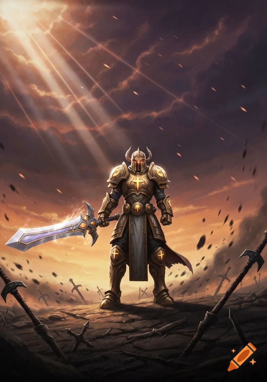 A golden-armored fantasy knight holding a greatsword stands on a desolate battlefield under sunlit clouds.