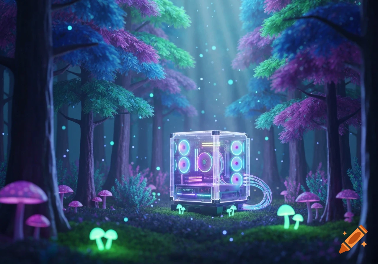 A glowing RGB-lit computer PC case sits in a vibrant, neon-colored fantasy forest with glowing mushrooms and light rays.