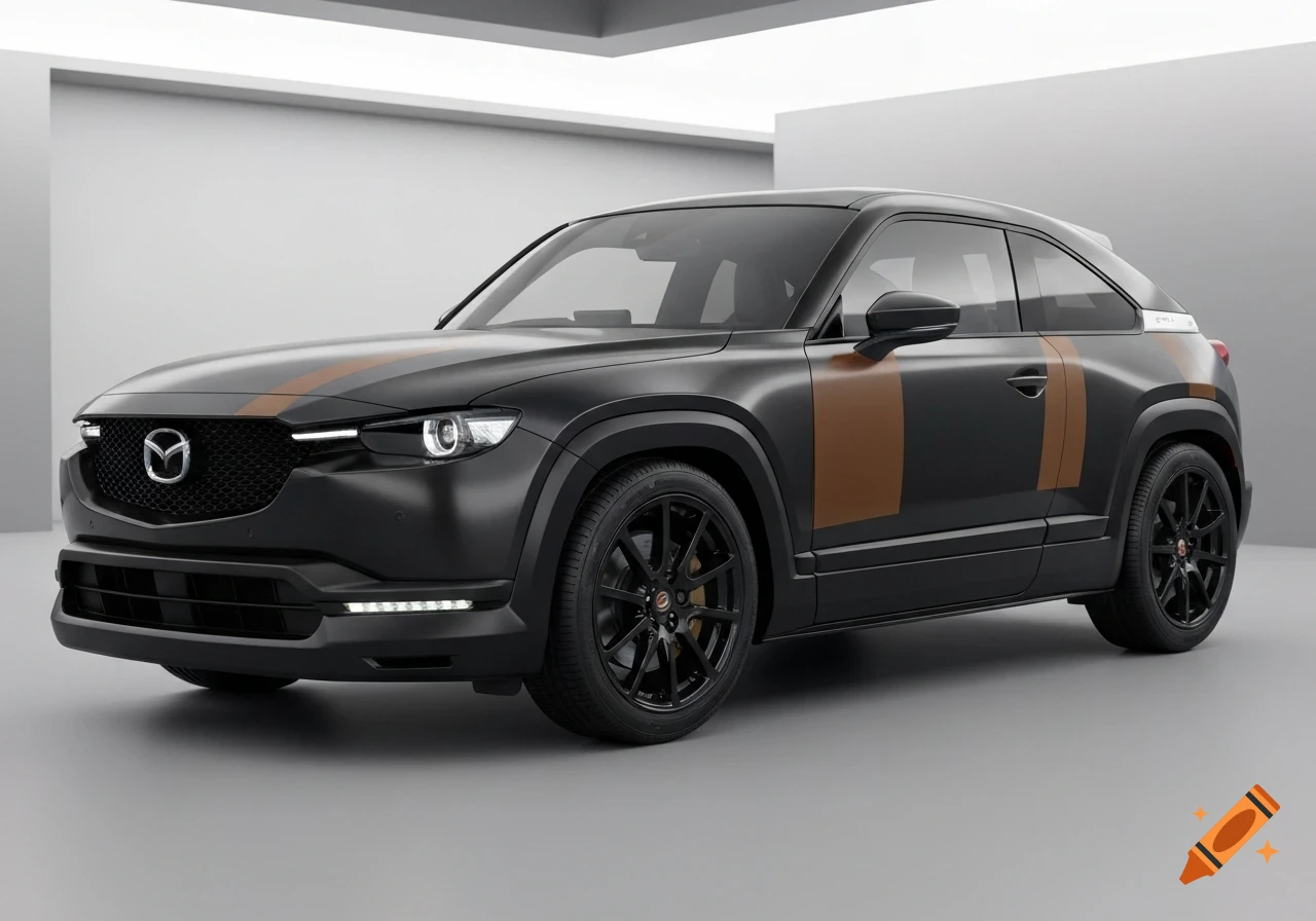 A black Mazda MX-30 with matte bronze racing stripes on the hood and sides, black wheels, in a clean white studio.