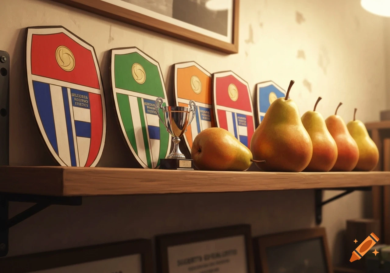 A wooden shelf displays five colorful shields, a small silver trophy, and a row of ripe pears in a warm-lit room.