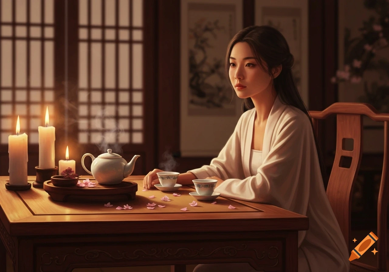 An Asian woman in traditional attire sits at a wooden table with a tea set, candles, and pink flower petals, in a serene, warmly lit room.