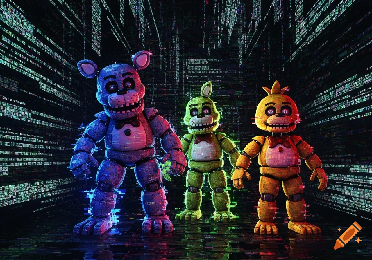 Toy Freddy, Toy Bonnie, and Toy Chica animatronics with glitch effects stand in a dark, virus-like digital tunnel.