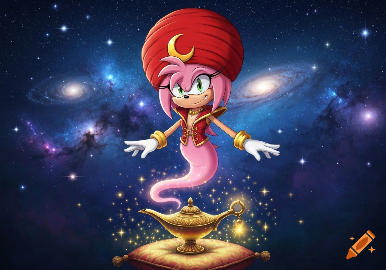 Amy Rose as a genie with a red turban floats over a magic lamp on a cushion amidst a starry galaxy background. Digital painting.