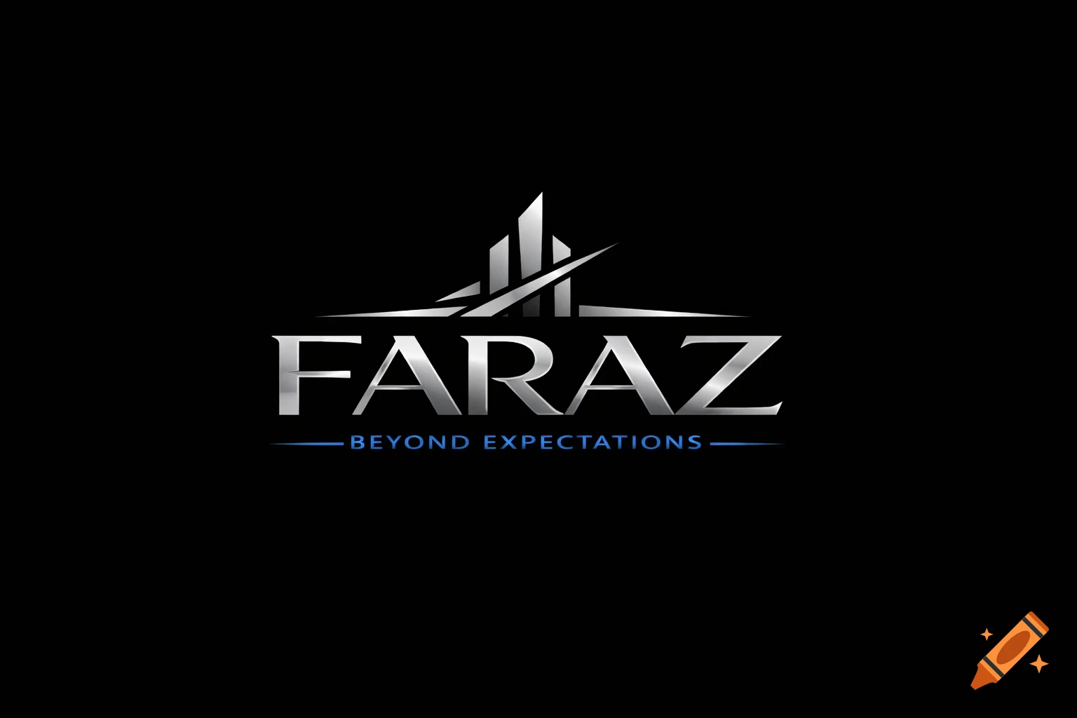 Metallic silver and blue logo on a black background, featuring abstract spires above 'FARAZ' and 'BEYOND EXPECTATIONS'.