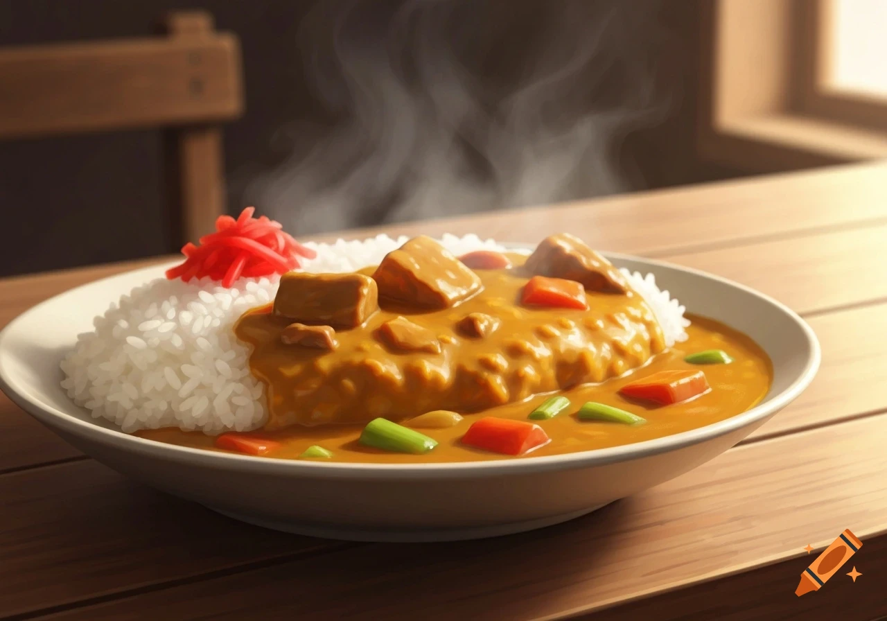 A steaming plate of Japanese curry rice with meat, vegetables, and red pickled ginger on a wooden table.