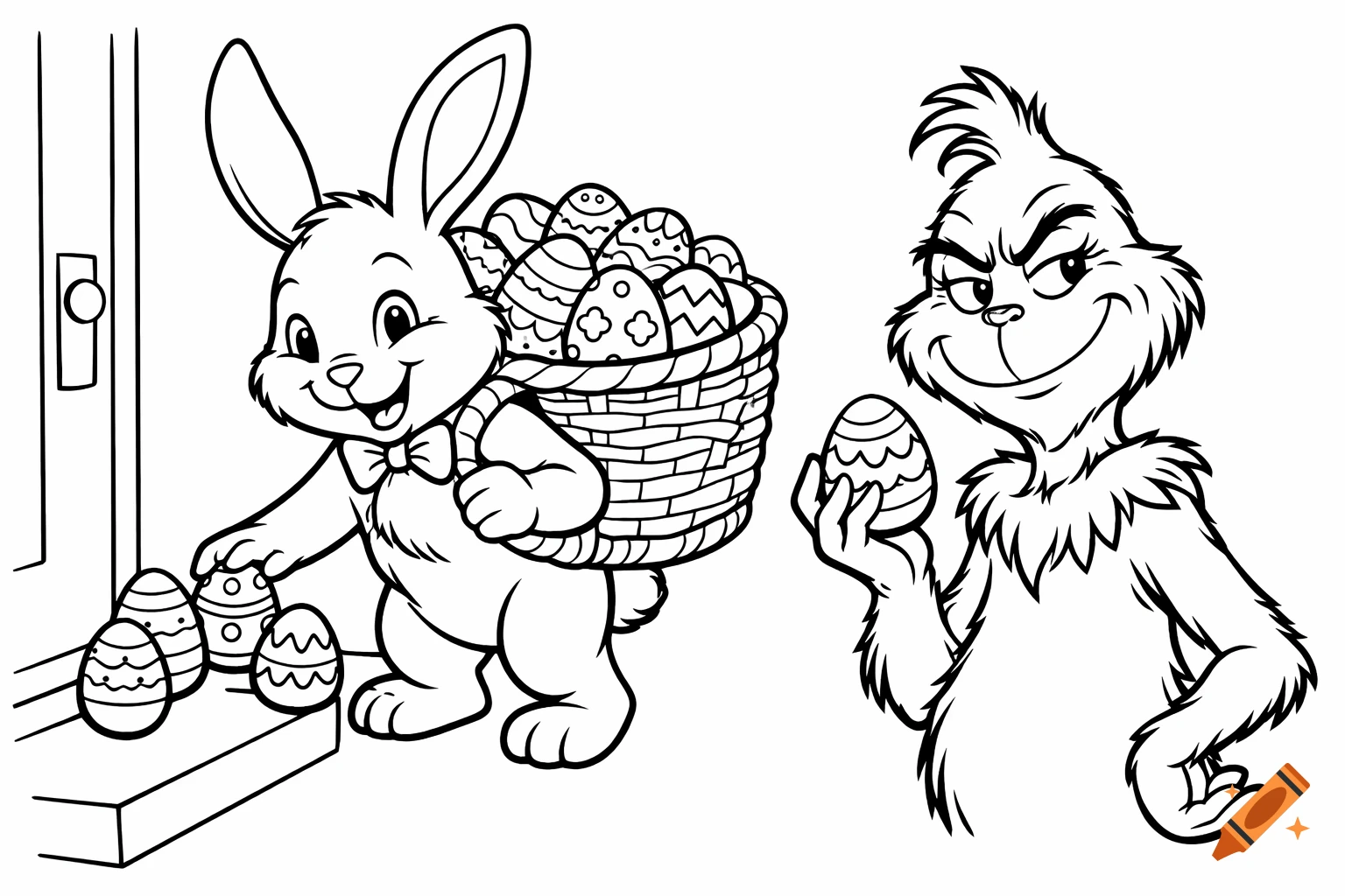 Black and white line art of the Easter Bunny delivering eggs and the Grinch holding an egg, suitable for a coloring book.
