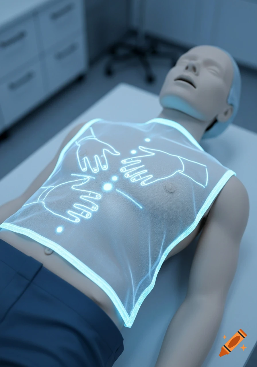 Medical dummy with a glowing vest indicating hand placement for CPR on a table in a clinical setting. Digital art.