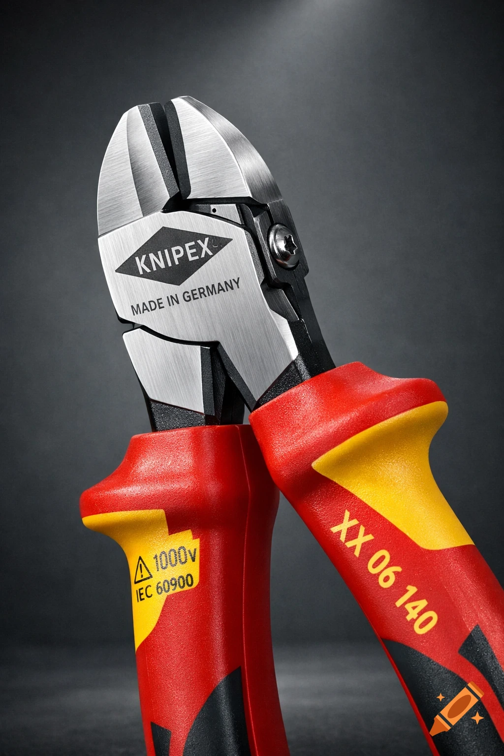 Close-up, photorealistic image of red and yellow insulated Knipex side cutters, with "XX 06 140" visible on the handle.