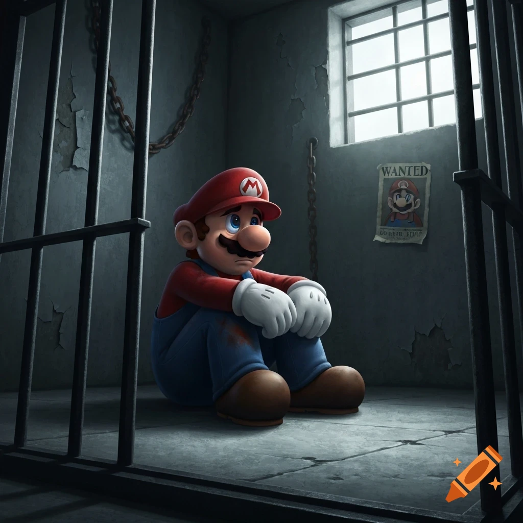 Sad Mario sitting in a gloomy jail cell with bars, chains, and a 'WANTED' poster on the wall.