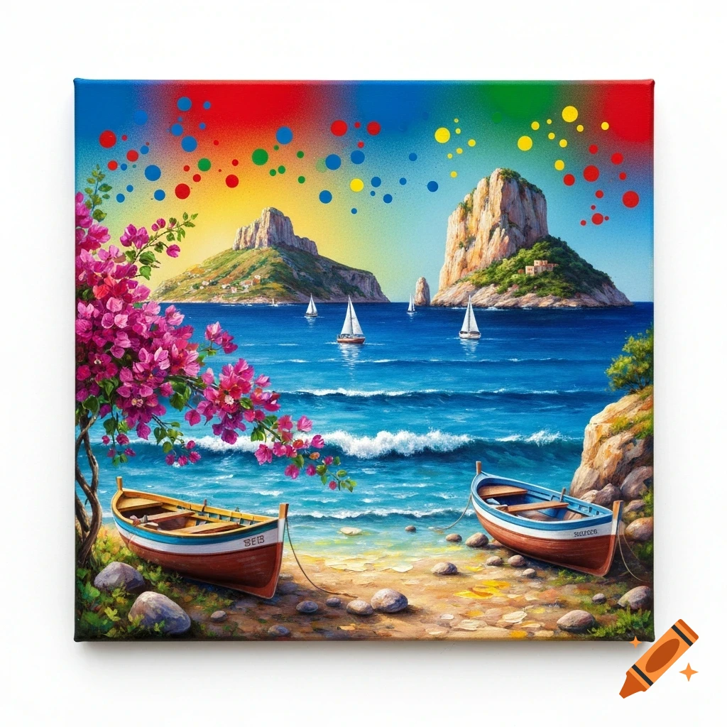 Vibrant painting of a Mediterranean seascape with rocky islands, sailboats, pink bougainvillea, and two rustic boats on a sandy beach under a spray-painted sky.