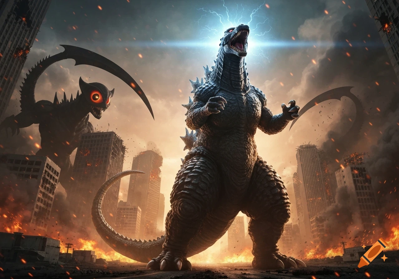 Godzilla roars with lightning above its head, facing Gigan in a burning, ruined city. Detailed, dramatic style.