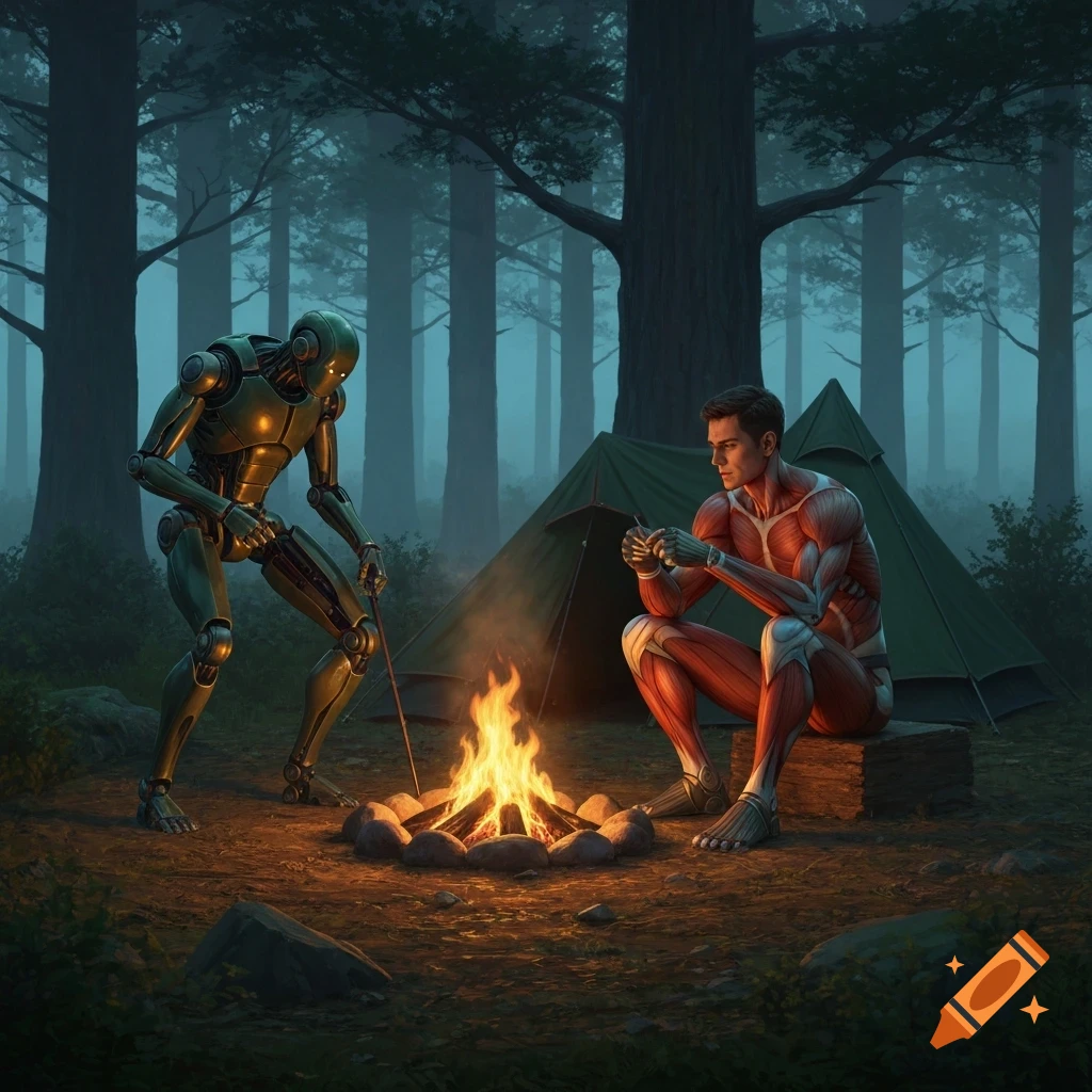A robot and a man with exposed muscles like an anatomical model sit by a campfire in a dark forest, with a tent in the background.