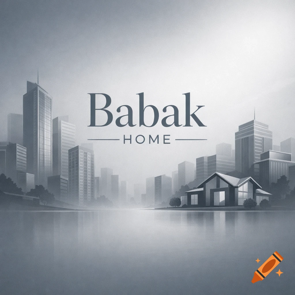 Stylized poster for Babak Home real estate, featuring a modern house and city skyline in gray tones reflected in water.