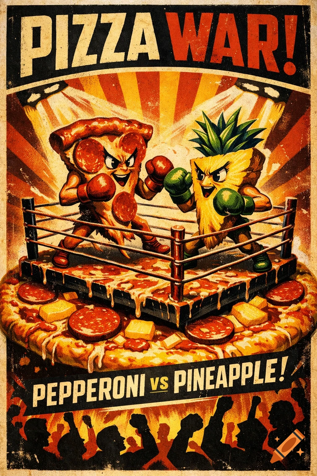 A vintage propaganda poster shows a pepperoni pizza slice and a pineapple slice boxing in a ring on a giant pizza, with "PIZZA WAR!" and "PEPPERONI VS PINEAPPLE!"