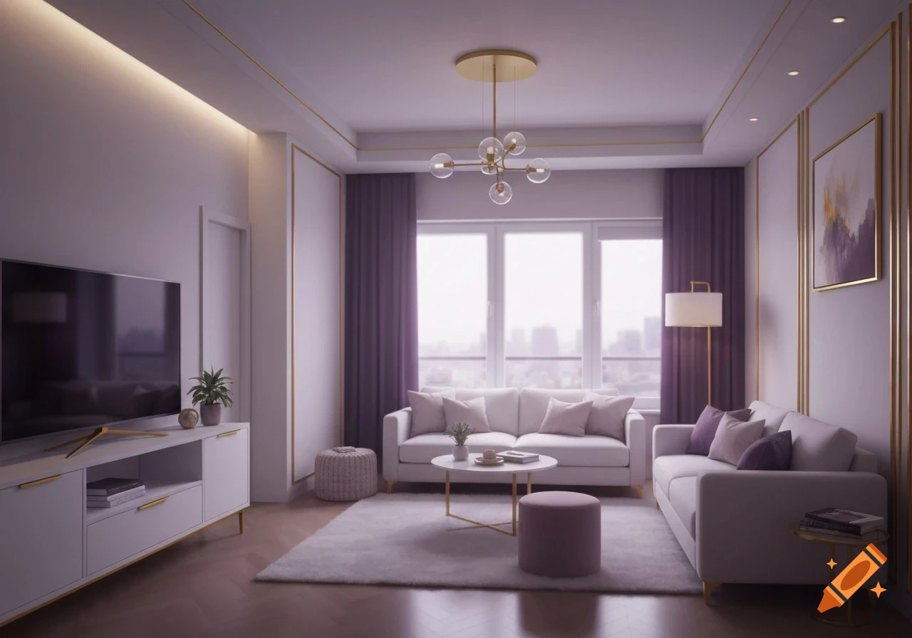 A modern studio apartment living room with white sofas, purple curtains, gold accents, and a large window.
