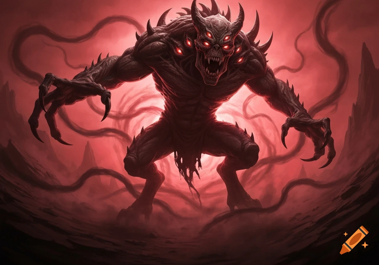 A fearsome, horned red monster with multiple glowing eyes and sharp ...