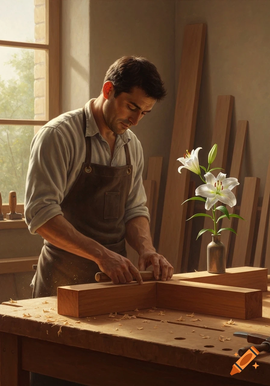 A carpenter in an apron carves wood on a workbench in a sunlit workshop, with a white lily next to him, in a realistic painting style.