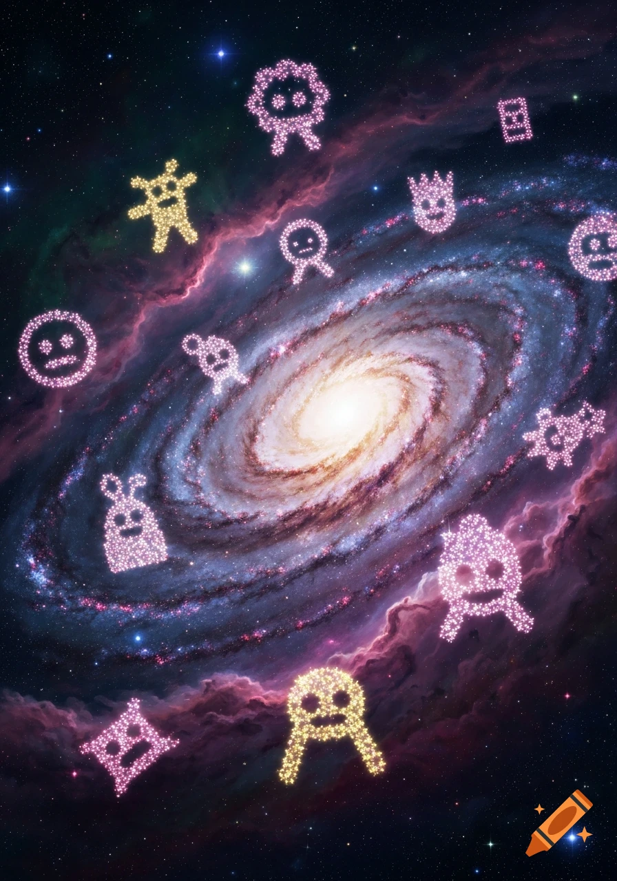 A vibrant spiral galaxy filled with glittering pink and yellow constellations of pixelated, meme-like characters and symbols.