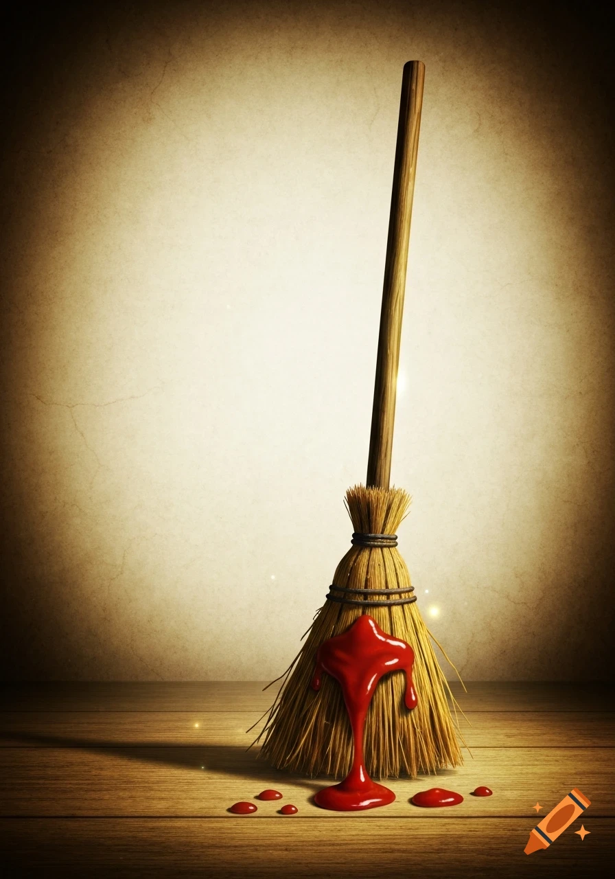 A wooden broom with red liquid, resembling ketchup or blood, dripping from its bristles onto a wooden floor.