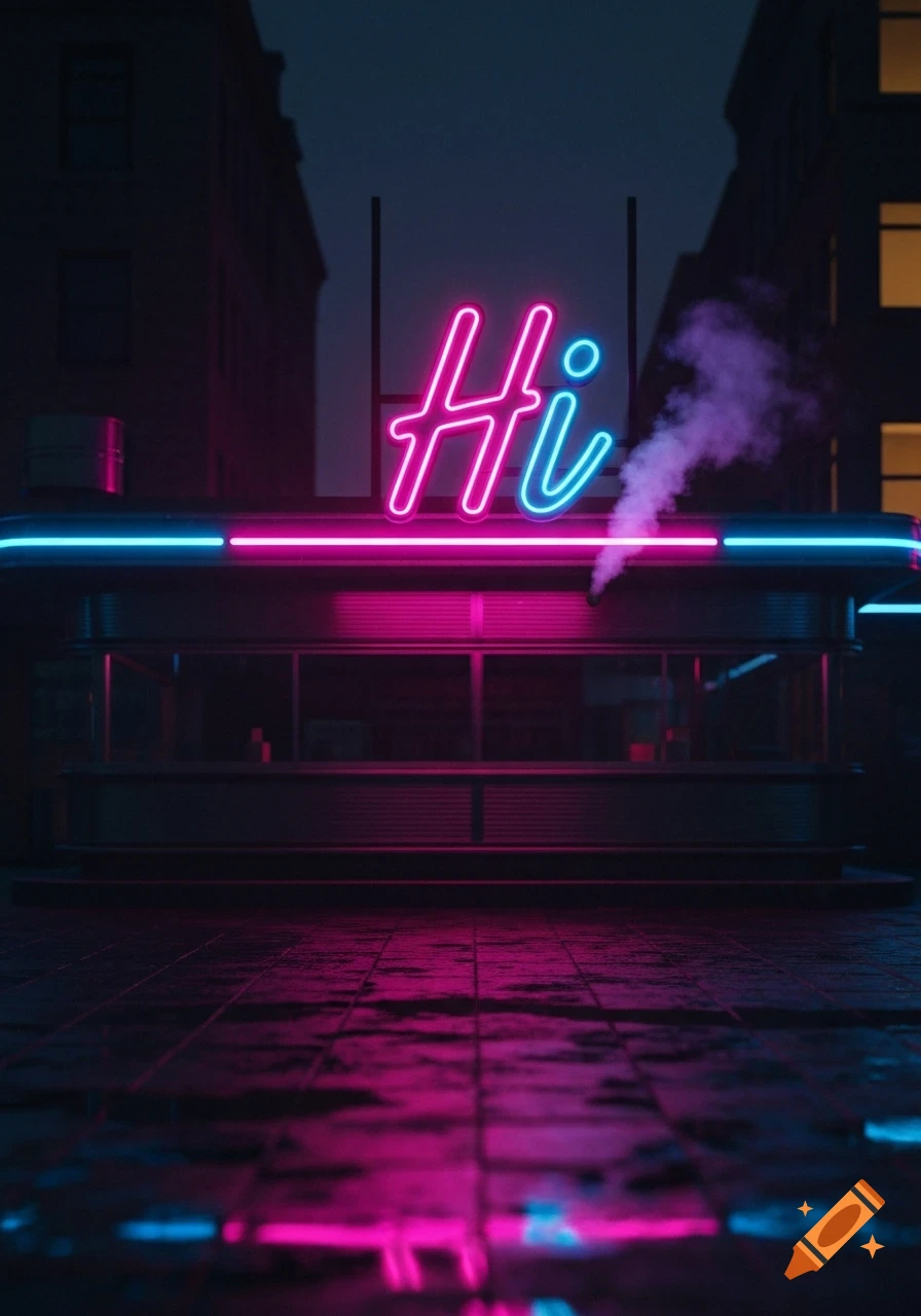 Vibrant pink and blue neon sign spelling 'Hi' on a dark urban street at night, with reflections on the wet ground.