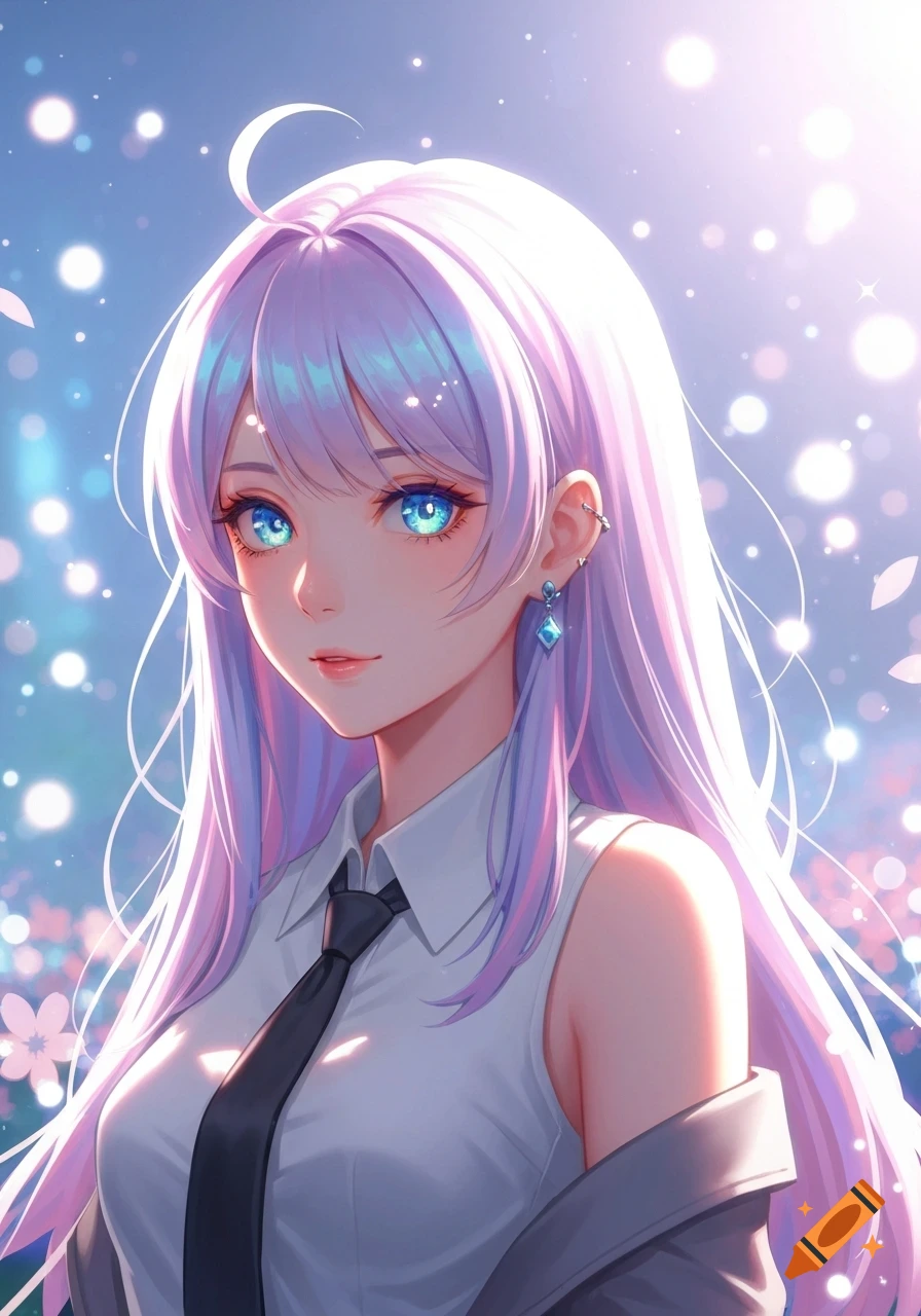 Close-up of an anime girl with long light purple hair and bright blue eyes, wearing a white shirt and black tie, against a glowing bokeh background.