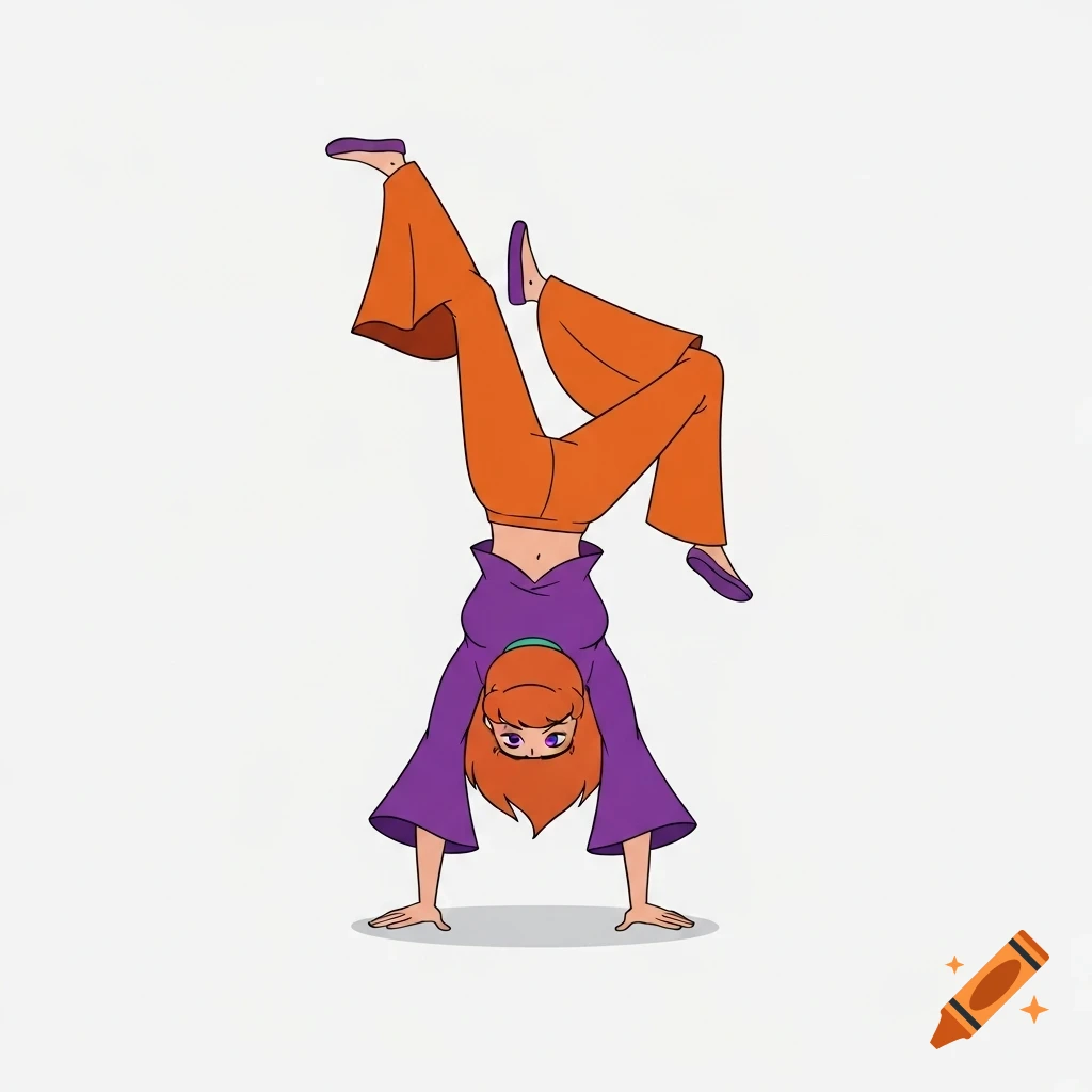 Cartoon character Daphne from Scooby-Doo performing a handstand on a plain background.