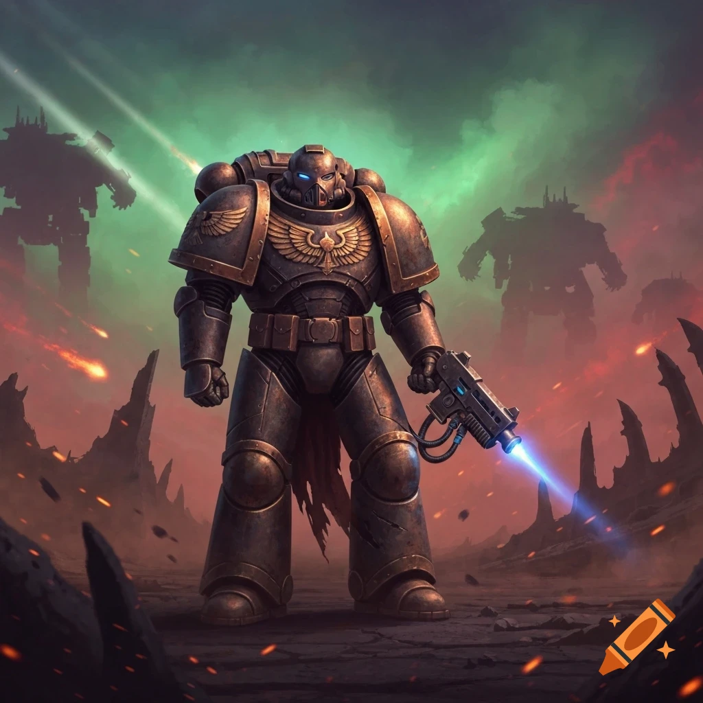 A heavily armored Space Marine stands on a desolate, war-torn planet, holding a glowing plasma gun, with large war machines in the background.