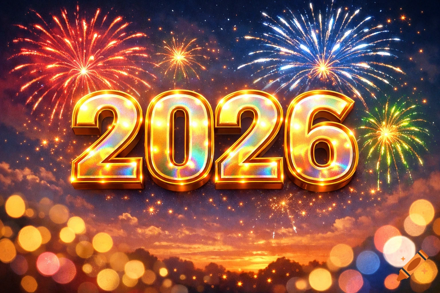 Golden 3D numbers '2026' glow against a dark sky with colorful fireworks and bokeh lights.