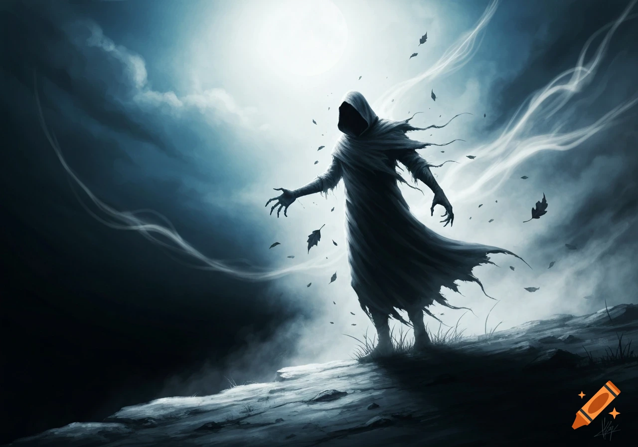 A hooded, cloaked figure with skeletal hands stands on a rocky outcrop under a stormy, moonlit sky, with leaves and wisps of smoke blowing around.