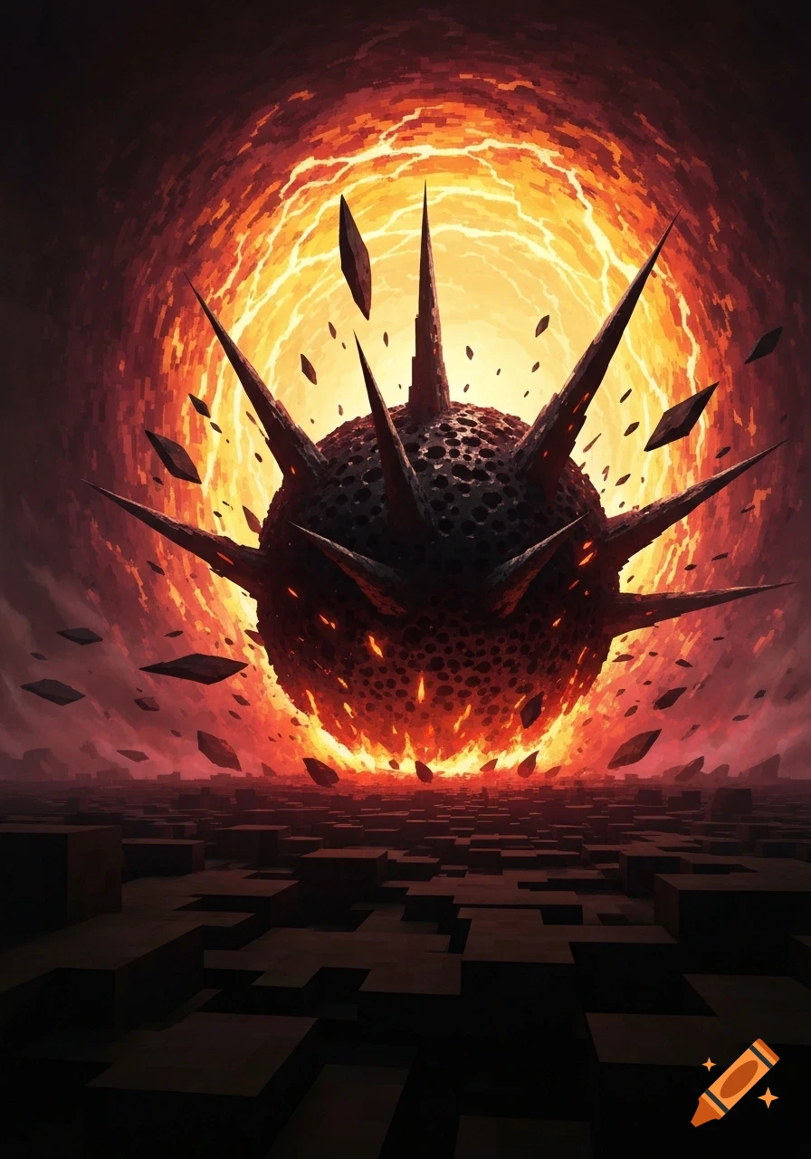 A dark, spiky, pockmarked sphere glows with red and orange flames over a blocky, dark landscape, reminiscent of Minecraft.