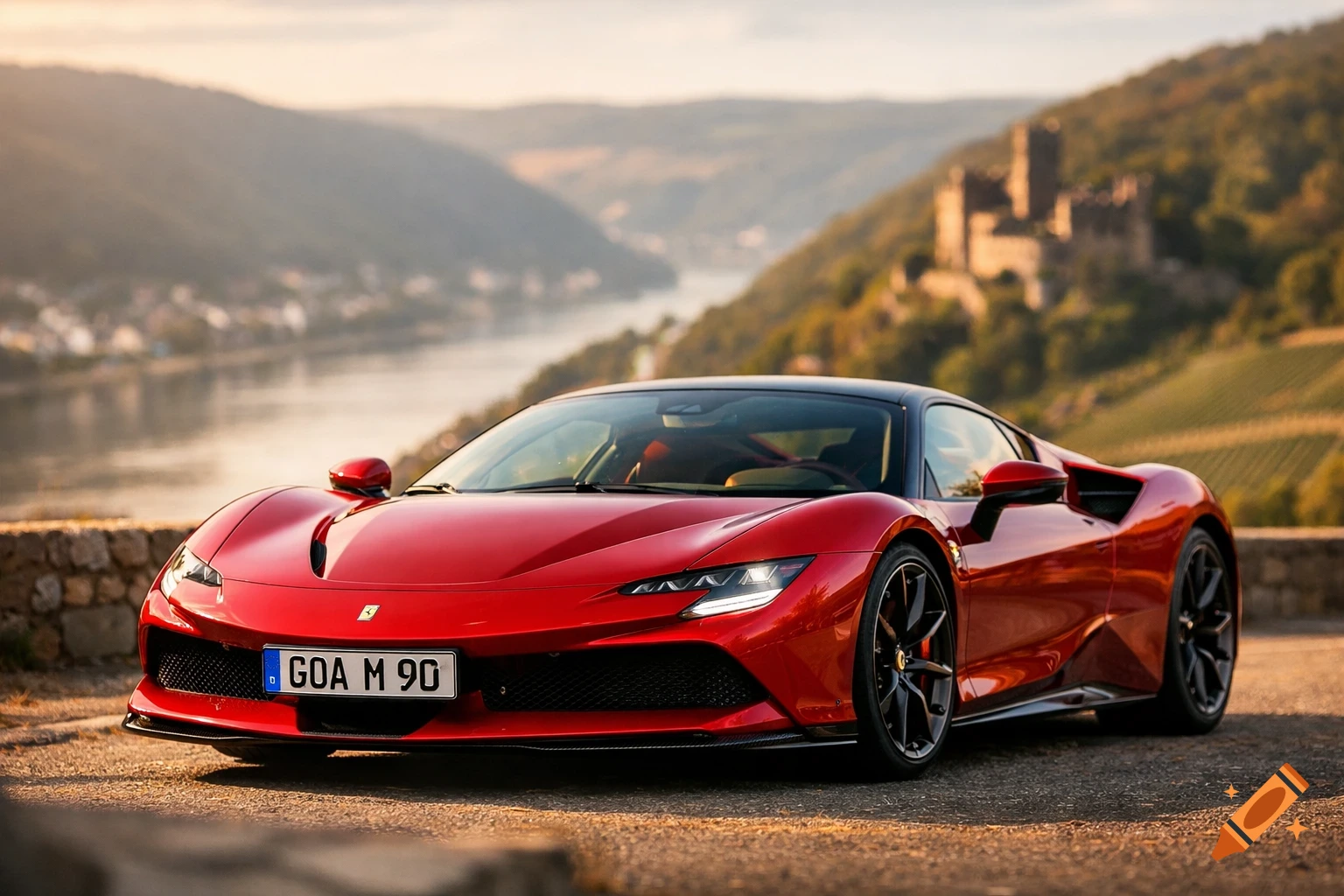 Red Ferrari SF90 sports car parked on a road overlooking a river and valley with a castle in the distance at sunset, photorealistic.